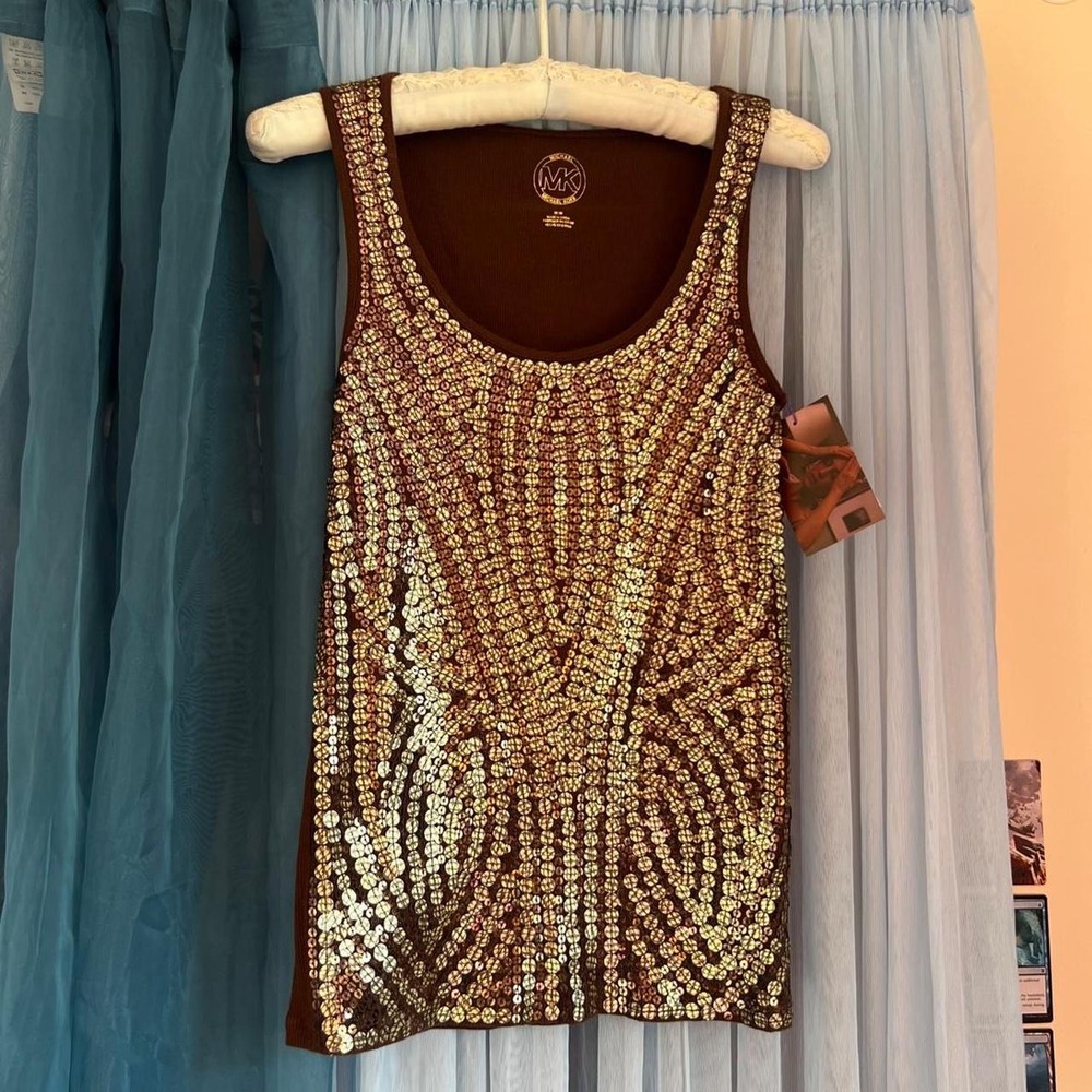 MICHEAL KORS Brown Sequinned Ribbed Tank Top